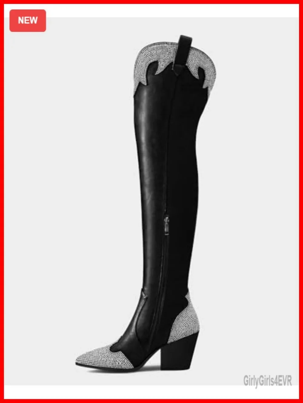 Women's Thigh High Cowboy Boots Rhinestone Chunky Heel Over Knee PU Leather